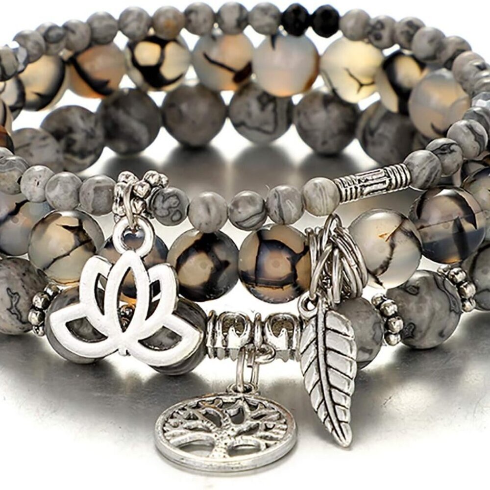 Tree of Life Yoga Healing Stone Bracelets,Multilayer Lotus Chakra Stone Reiki Br